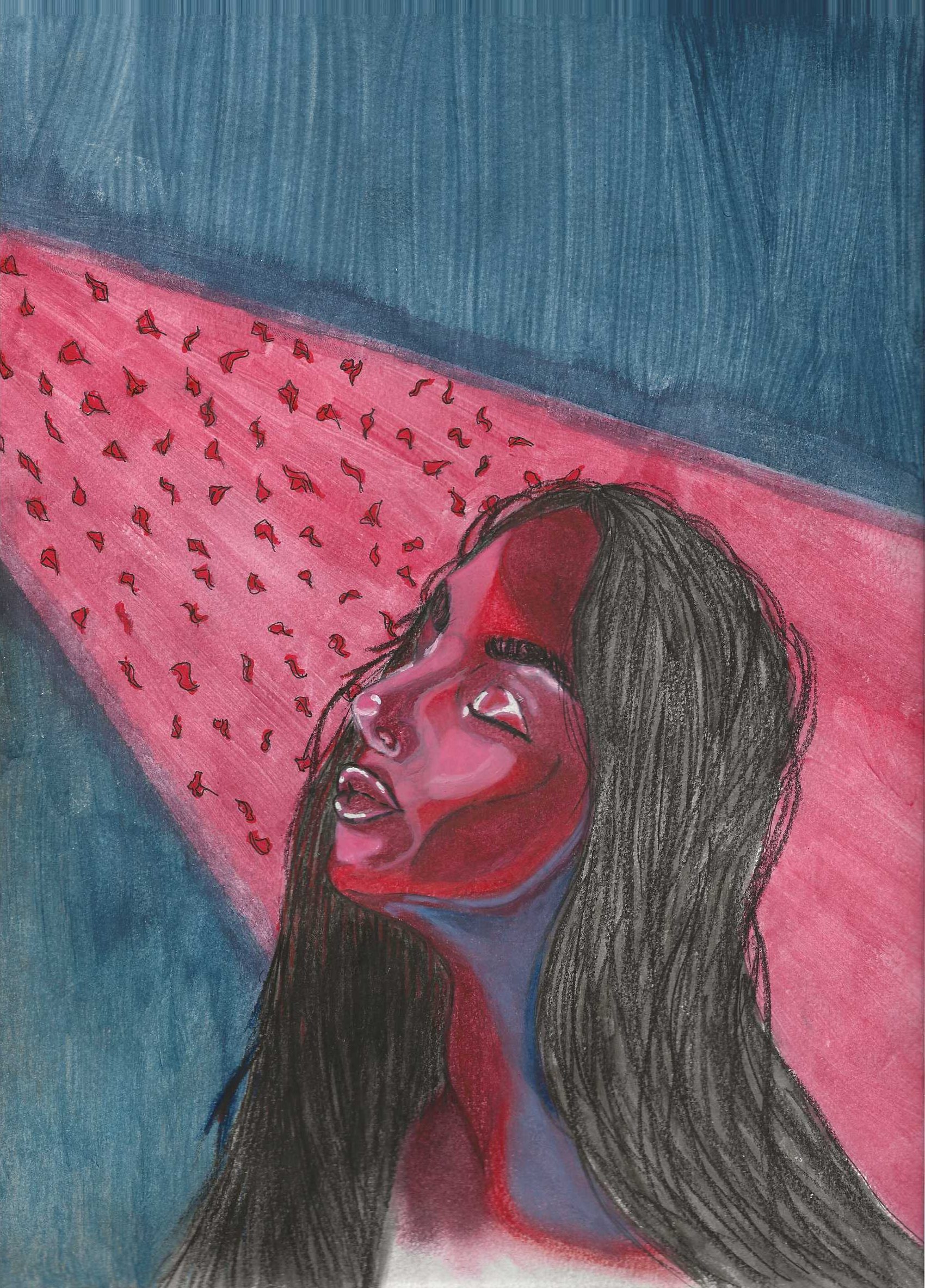 An illustration of a woman at a three-quarters view looking towards the upper left corner of the image. A pink ray of light filled with floating rose petals shines on her face, coloring her skin in shades of maroon with blue shadows. The woman appears serene, with her eyes closed and mouth parted. The artists describes the piece as, "A woman praying as ray of light, colored in a pink hue is shone in a room filled with blue shadows. Rose petals fall from the sky, towards her face that is lifted upwards at the source of the light."