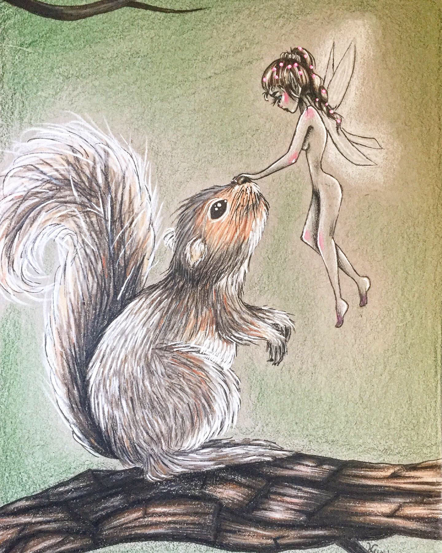 A drawing of a furry brown squirrel with a fluffy tail, standing on his hind legs on a branch. The squirrel is looking up at a nude fairy with wings and pale skin. The fairy is petting the nose of the squirrel.
