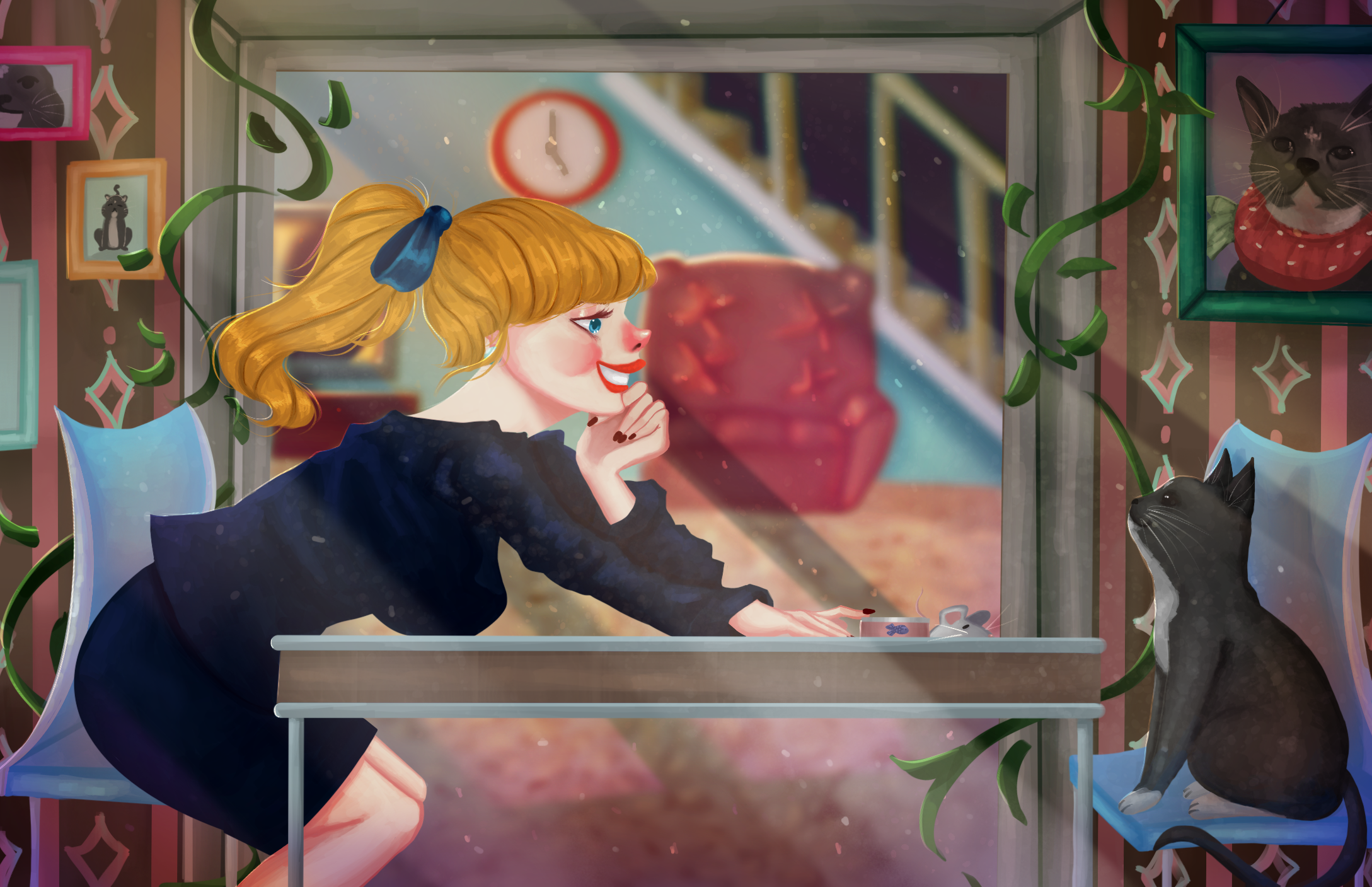 A digital illustration in which a blonde woman and a gray cat look at each other from opposite ends of a table. The woman leans, grinning, across the table. She uses one outstretched hand to push a can of fish and a plush mouse toy towards the cat. The wall behind the two figures is decorated with framed pictures of the cat.