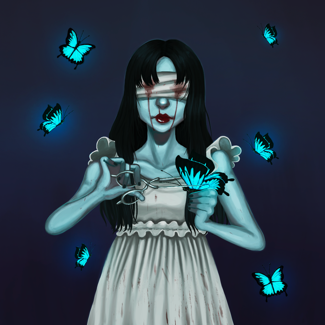 A digital illustration in which a woman with bluish-gray skin stands, poised to cut the wings off a bright blue and black butterfly. She wears a simple white dress with ruffles along her shoulders, and the skirt is streaked with a deep red. Her eyes are wrapped in bandages, with a dark red seeping through where her eyes would be and beginning to drip down her cheeks. Around her, more of the bright blue butterflies fly around in the dark blue background, slightly illuminating the space around them with their glow.
