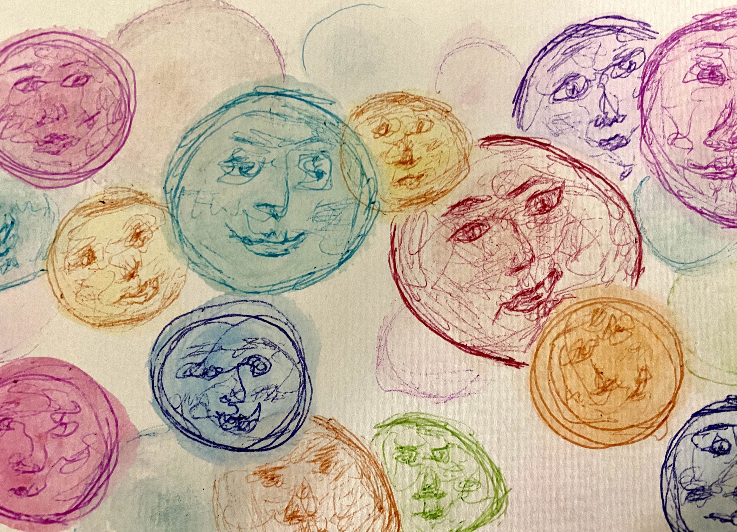 Drawing/Illustration.<br />
Sketches of Faces on colored circles. Multiple pen-sketched circles with plain faces, all of various colors. Not all circles have faces and they are all of different sizes.