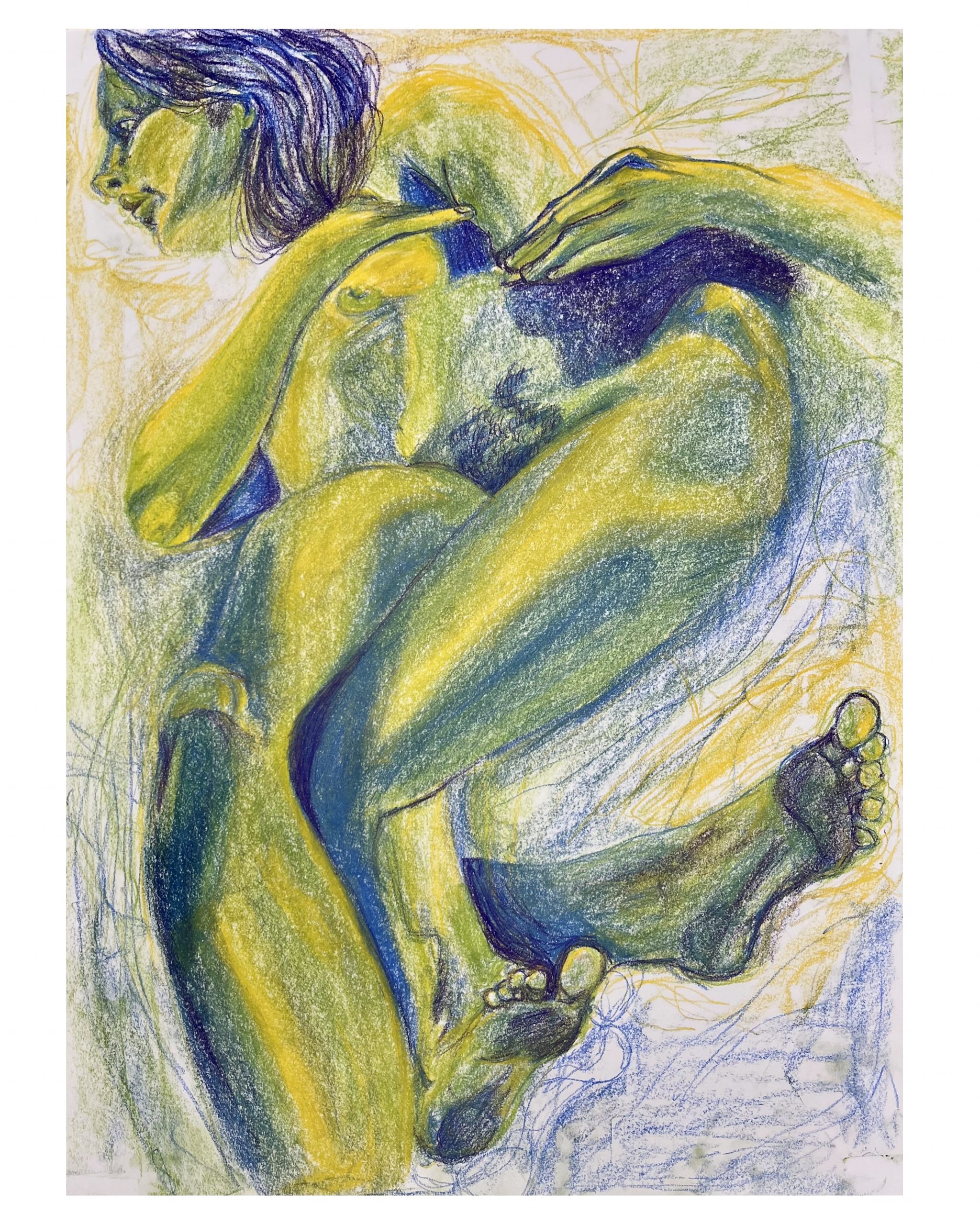 A figure study of a nude person rendered in green, yellow, and blue crayon. The figure's feet are towards the bottom of the page and appear closest to the viewer, with the figure appearing to be reclined backwards away from the viewer and towards the upper left corner. The shading is realistic, giving the figure a distinct volume, but the arrangement of the limbs is contorted. Combined with the vibrant color choices, the contorted limbs give the overall image a surreal quality.
