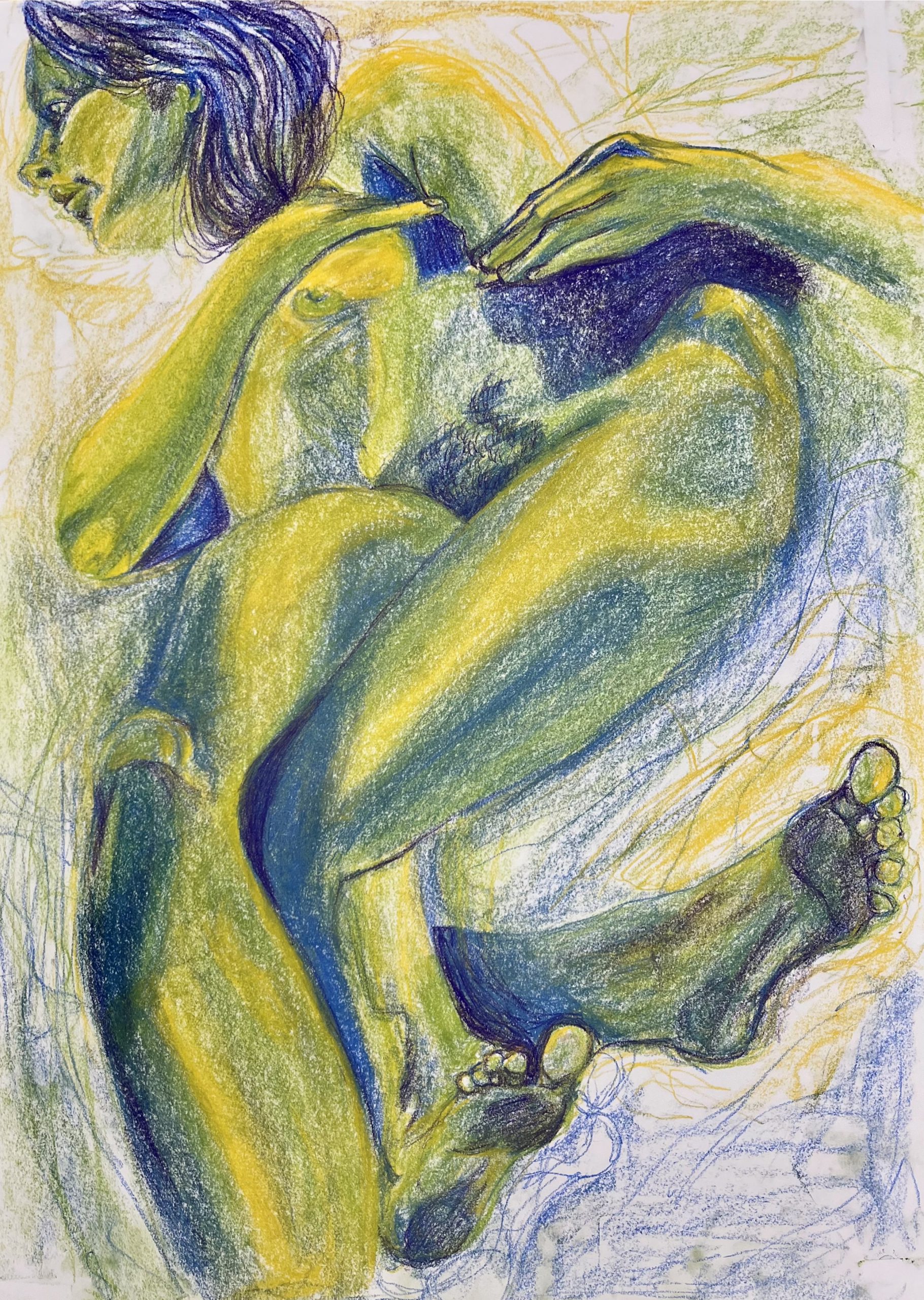 A figure study of a nude person rendered in green, yellow, and blue crayon. The figure's feet are towards the bottom of the page and appear closest to the viewer, with the figure appearing to be reclined backwards away from the viewer and towards the upper left corner. The shading is realistic, giving the figure a distinct volume, but the arrangement of the limbs is contorted. Combined with the vibrant color choices, the contorted limbs give the overall image a surreal quality.