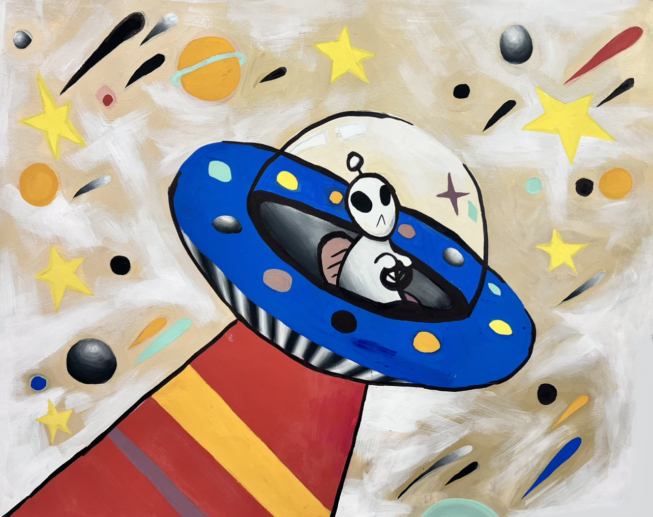 A gouache painting depicting an adorable bright-white alien in a flying saucer. The blue vessel is centered on the beige canvas, heading towards the upper right-hand side, shining down a red beam below it. In the background are yellow stars, black and red comets, orange orbs, teal stripes, whisps of white.