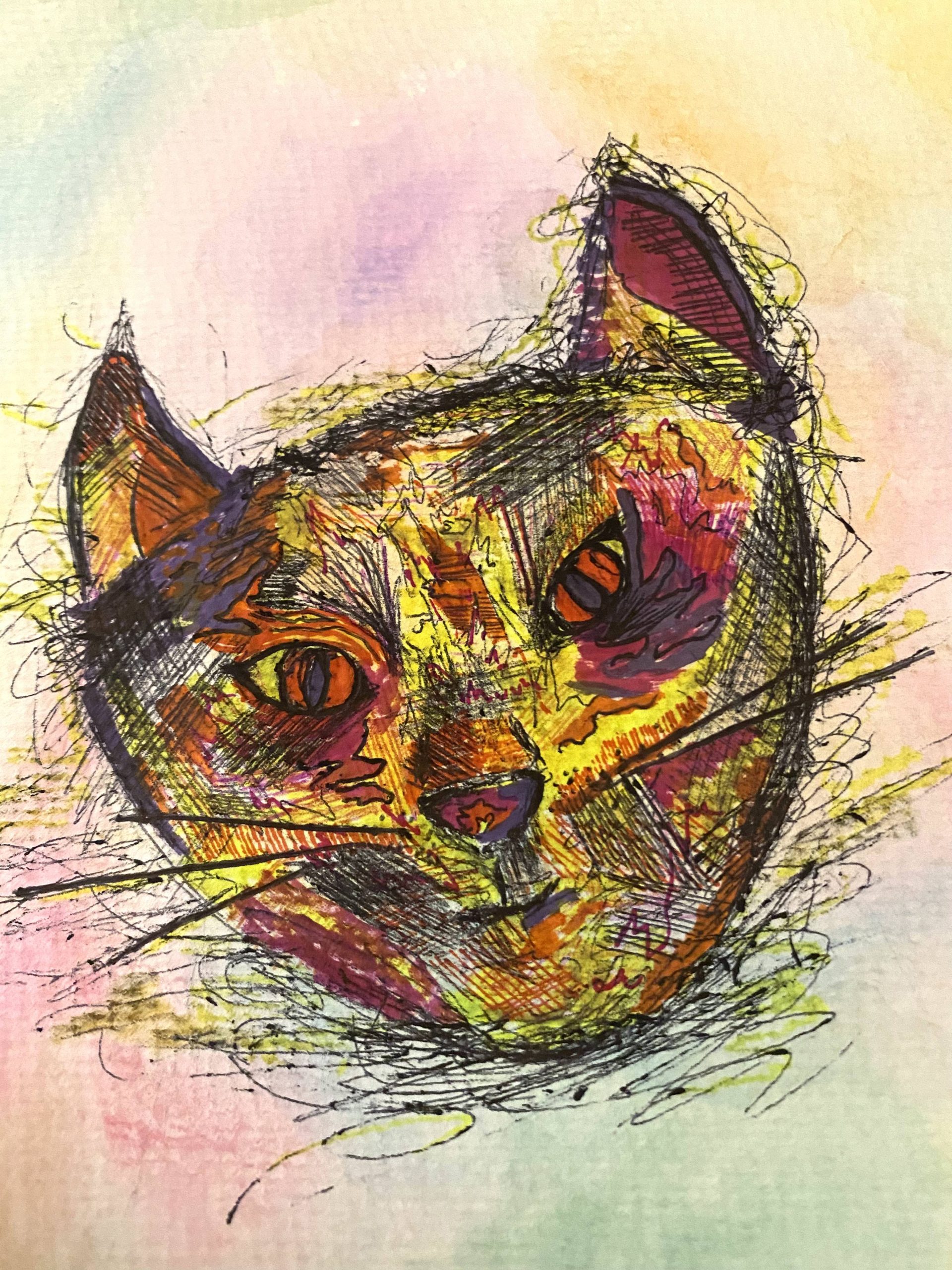 The colorful face of a cat floats slanted in the middle of a pastel yellow, green, and pink background. Its eyes are slanted cartoonishly, implying anger or nefarious activity. Its long black whiskers and other black etchings in the face balance out the heavily contoured face, which is shaded bright yellow, red, magenta, and purple.