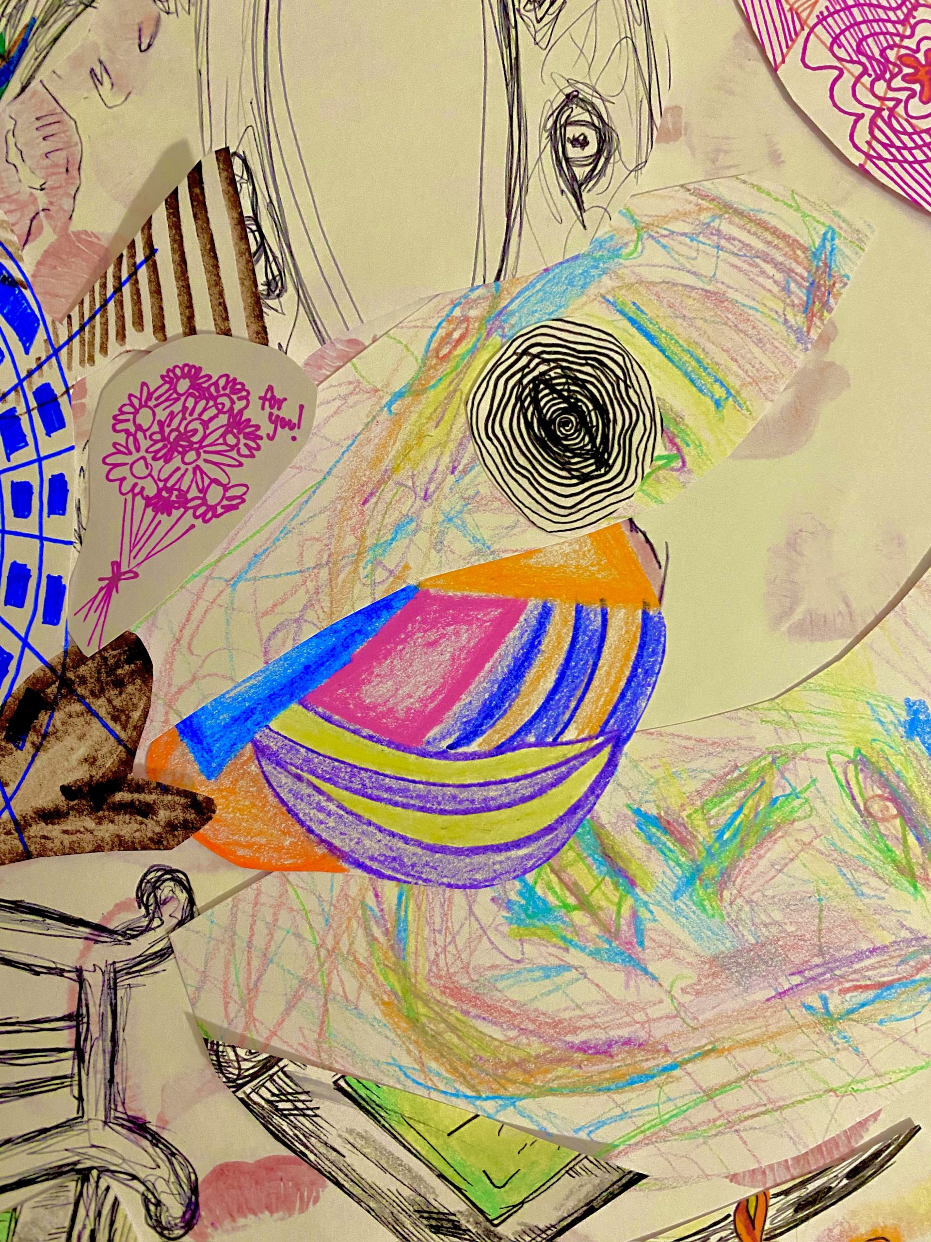 A frantic collage centered with a ripped drawing of half of a face. This half of the face is split from the other by blue, orange, pink, purple, and yellow shapes. There is a pink drawing of a bouquet of flowers, kiss stains, the edge of a lime-colored book, scribbled eyes, and violent colors of bright yellow, bright pink, and teal.